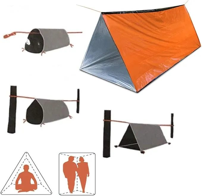1 Piece Emergency Tent, Polyester Film Survival Tent with String Bundle Pocket Whistle,String with Buckle for Hiking, Camping, First Aid Hurricane