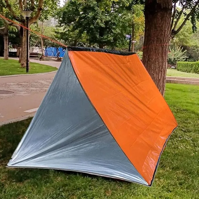 1 Piece Emergency Tent, Polyester Film Survival Tent with String Bundle Pocket Whistle,String with Buckle for Hiking, Camping, First Aid Hurricane