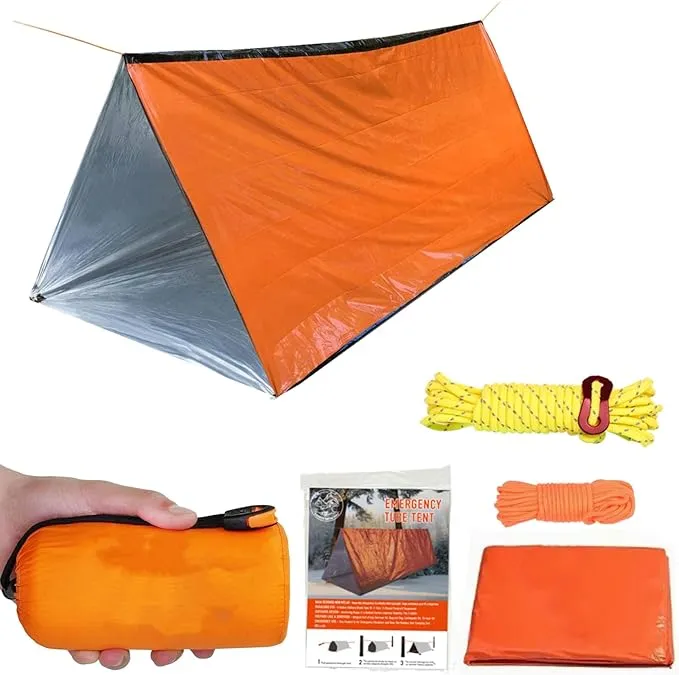 1 Piece Emergency Tent, Polyester Film Survival Tent with String Bundle Pocket Whistle,String with Buckle for Hiking, Camping, First Aid Hurricane