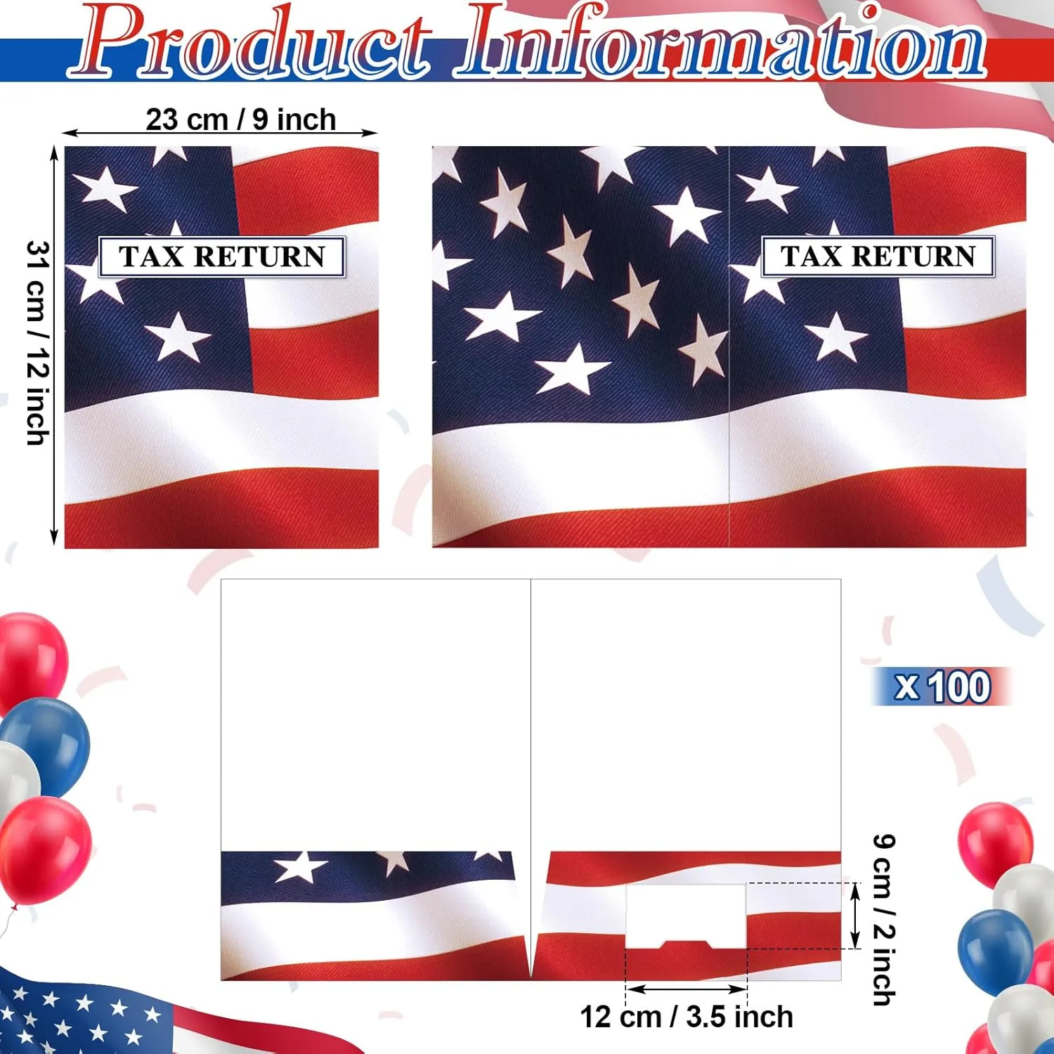 100 Pcs Income Tax Return Folders 9 x 12 Inch Red White and Blue Tax Envelopes with Two Pocket for Preparer Organizer Office Supplies