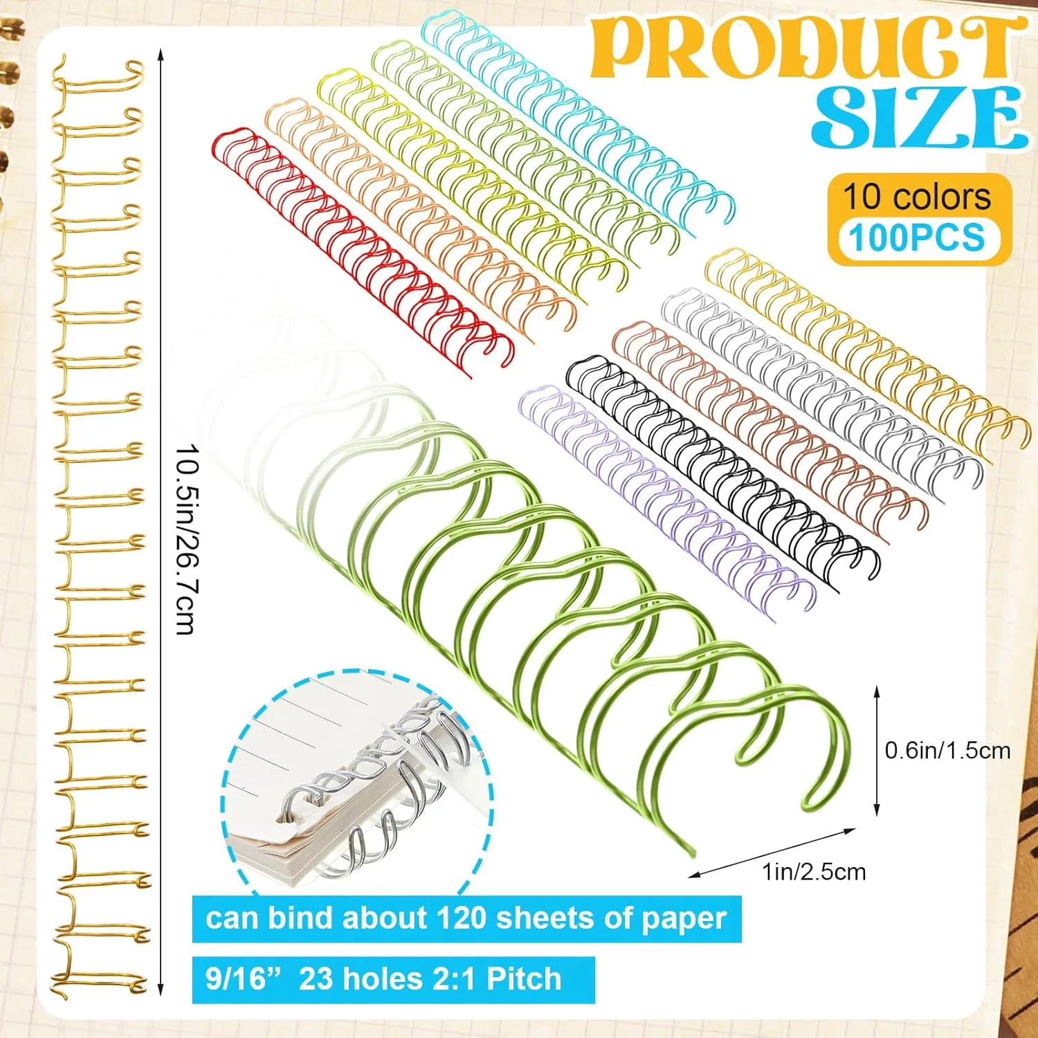 100 Pcs Metal Double Loop Binding Wires 9/16 Bulk Cinch Binding Wires Double Spiral Ring Coil 10 Colors Twin Spines Combs 23 Holes 2: 1 Pitch Cinch Coil Machine Wire