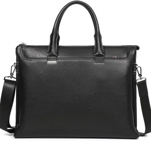 14 Inch Cowhide Leather Laptop Briefcase, Convertible Messenger Bag, Business Work Handbag (Black)