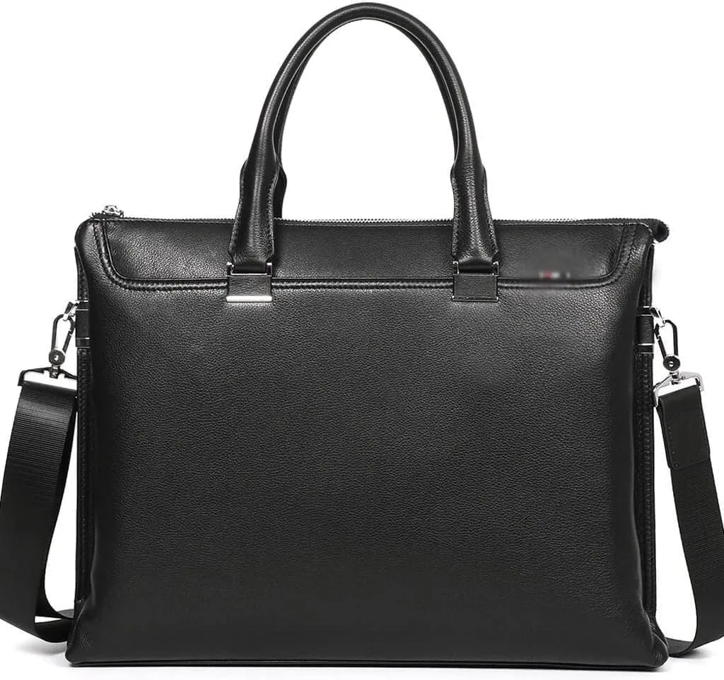 14 Inch Cowhide Leather Laptop Briefcase, Convertible Messenger Bag, Business Work Handbag (Black)
