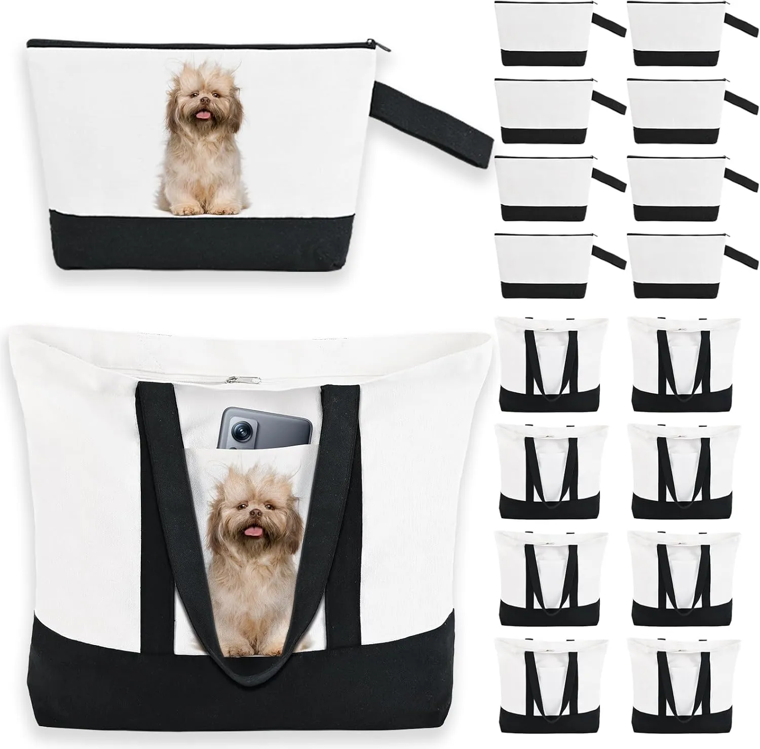 16 Pack Canvas Tote Bags Bulk and Makeup Pouches Set, 12oz Heavy Duty Reusable Zippered Grocery Shopping Bags with Handles for Beach Travel DIY Sublimation, Two-Tone Tote Bags for Women & Moms