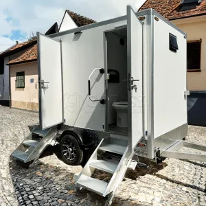 2 Station Restroom Trailer with Toilet Bowls Portable Bathroom Trailer Toilet for Adults Camping Restroom Shelves Deposit