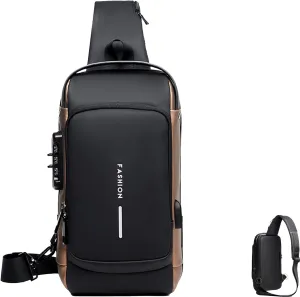 2025 fashion new Carbon Fiber Streamline Anti-Theft Sling Bag, USB Charging Sport Shoulder Backpack (Black with gold)