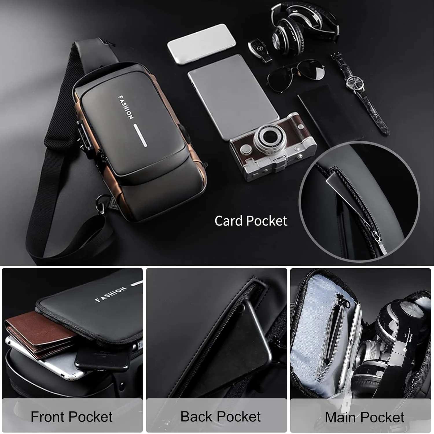 2025 fashion new Carbon Fiber Streamline Anti-Theft Sling Bag, USB Charging Sport Shoulder Backpack (Black with gold)