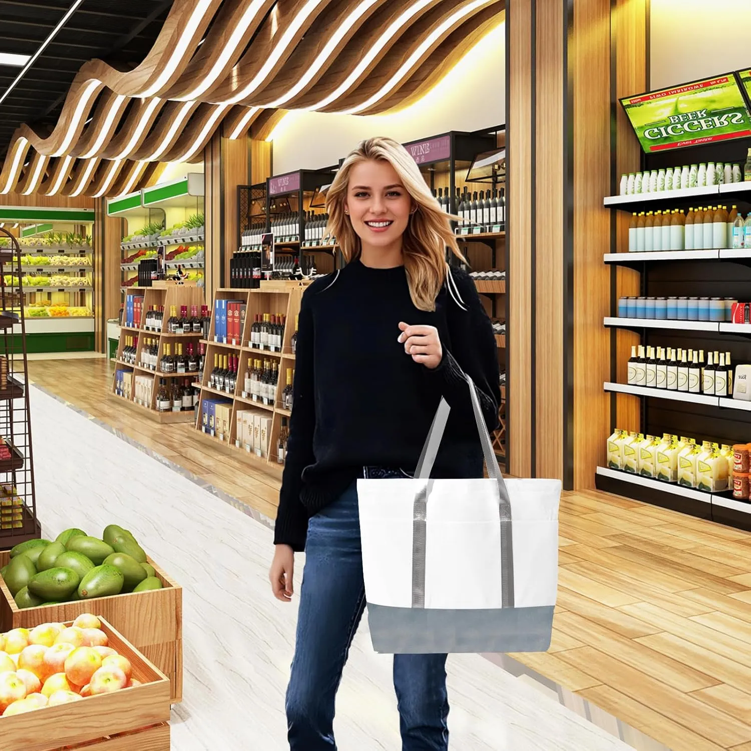 21in Heavy duty large canvas totes bag 12oz reusable zippered grocery shopping bag, extra large totes bag for women