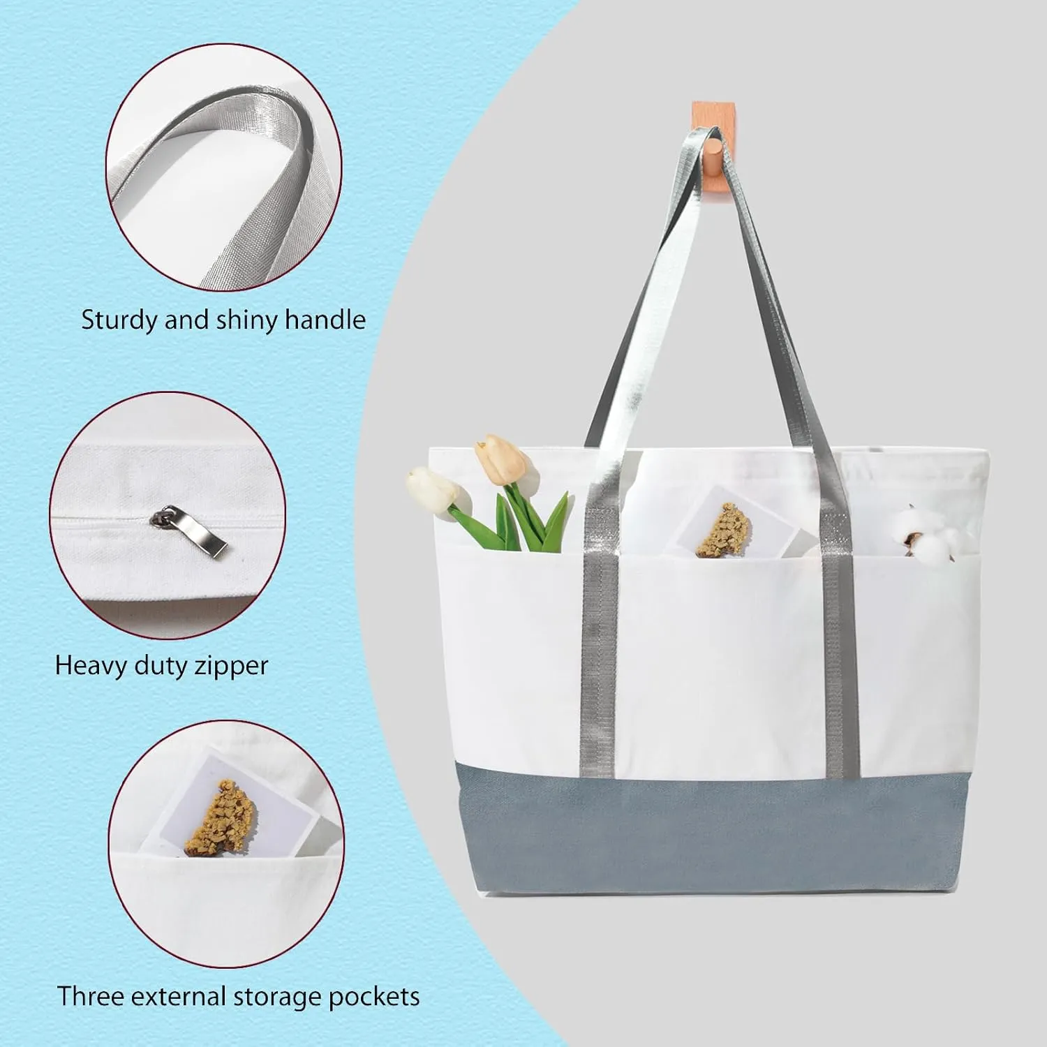 21in Heavy duty large canvas totes bag 12oz reusable zippered grocery shopping bag, extra large totes bag for women
