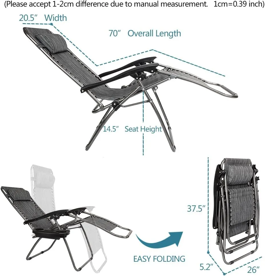 2pcs Outdoor Lounge Patio Chairs with Pillow and Utility Tray Adjustable Folding Recliner, for Deck,Patio,Beach,Yard(70"×20.5"×14.5"). (Gray)