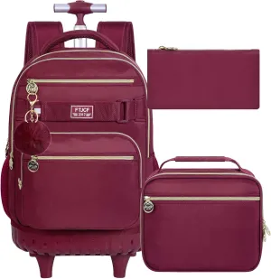 3PCS Girls Rolling Bookbag, Womens Wine Red School Backpacks with Wheels, Water Resistant Roller Kids Wheeled Bookbag Set