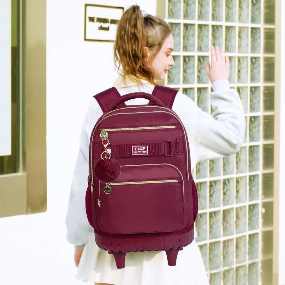 3PCS Girls Rolling Bookbag, Womens Wine Red School Backpacks with Wheels, Water Resistant Roller Kids Wheeled Bookbag Set