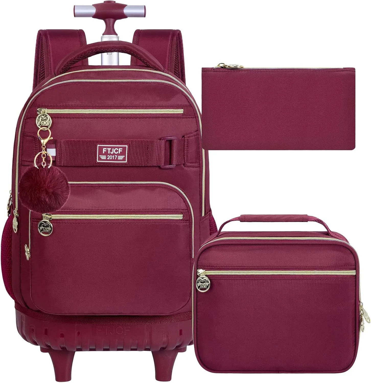 3PCS Girls Rolling Bookbag, Womens Wine Red School Backpacks with Wheels, Water Resistant Roller Kids Wheeled Bookbag Set