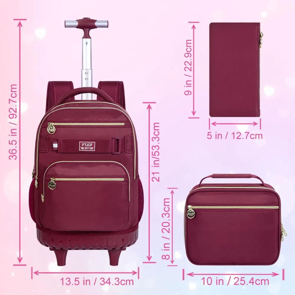 3PCS Girls Rolling Bookbag, Womens Wine Red School Backpacks with Wheels, Water Resistant Roller Kids Wheeled Bookbag Set