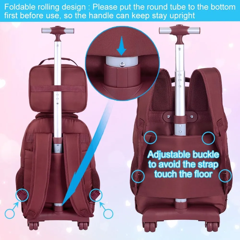 3PCS Girls Rolling Bookbag, Womens Wine Red School Backpacks with Wheels, Water Resistant Roller Kids Wheeled Bookbag Set