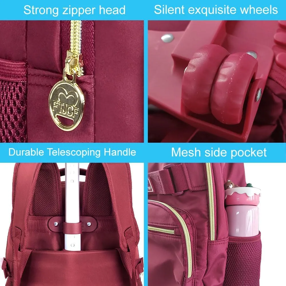 3PCS Girls Rolling Bookbag, Womens Wine Red School Backpacks with Wheels, Water Resistant Roller Kids Wheeled Bookbag Set