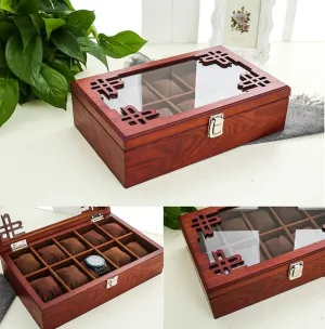 5 Watch Box Wooden Jewellery Display Storage Box Case Glass Lid Bracelet Tray Lockable Metal Buckle and 6 Removal Storage Cushions (Brown)