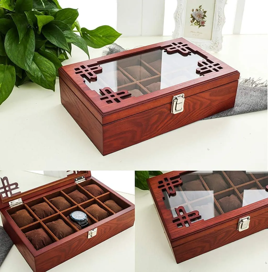 5 Watch Box Wooden Jewellery Display Storage Box Case Glass Lid Bracelet Tray Lockable Metal Buckle and 6 Removal Storage Cushions (Brown)
