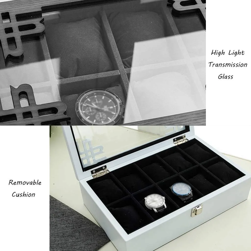 5 Watch Box Wooden Jewellery Display Storage Box Case Glass Lid Bracelet Tray Lockable Metal Buckle and 6 Removal Storage Cushions (White)
