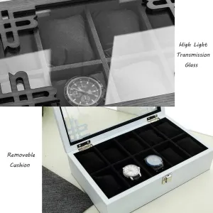 5 Watch Box Wooden Jewellery Display Storage Box Case Glass Lid Bracelet Tray Lockable Metal Buckle and 6 Removal Storage Cushions (White)