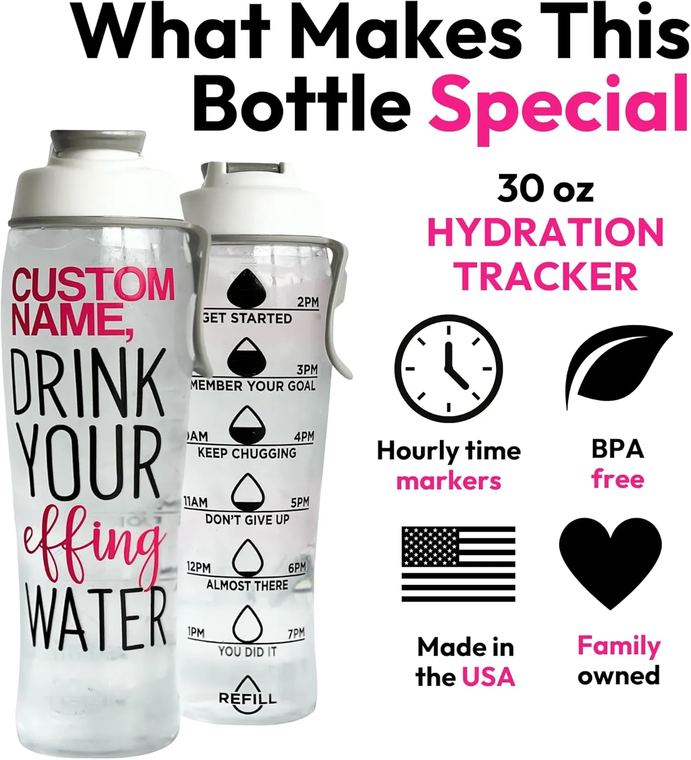 50 Strong Custom Water Bottle with Time Markers – Personalized 30 oz BPA-Free Leakproof Bottle with Chug Cap & Easy-Carry Handle – Made in USA