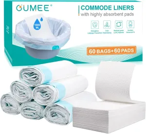 60 Commode Liners with Absorbent Pads, 60 Bedside Commode Liners and 60 Pads for Commode Bucket, Disposable Commode Bags for Adults, Portable Leak-Proof Potty Chair Liners (21*16in-60 60)