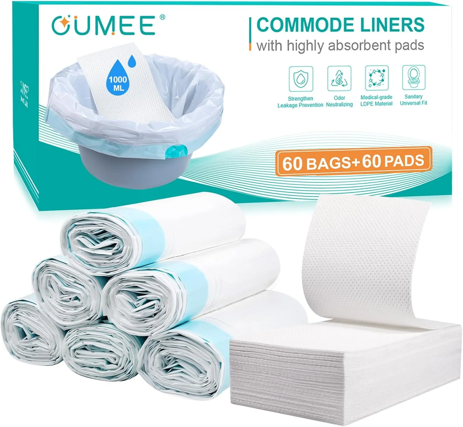 60 Commode Liners with Absorbent Pads, 60 Bedside Commode Liners and 60 Pads for Commode Bucket, Disposable Commode Bags for Adults, Portable Leak-Proof Potty Chair Liners (21*16in-60 60)