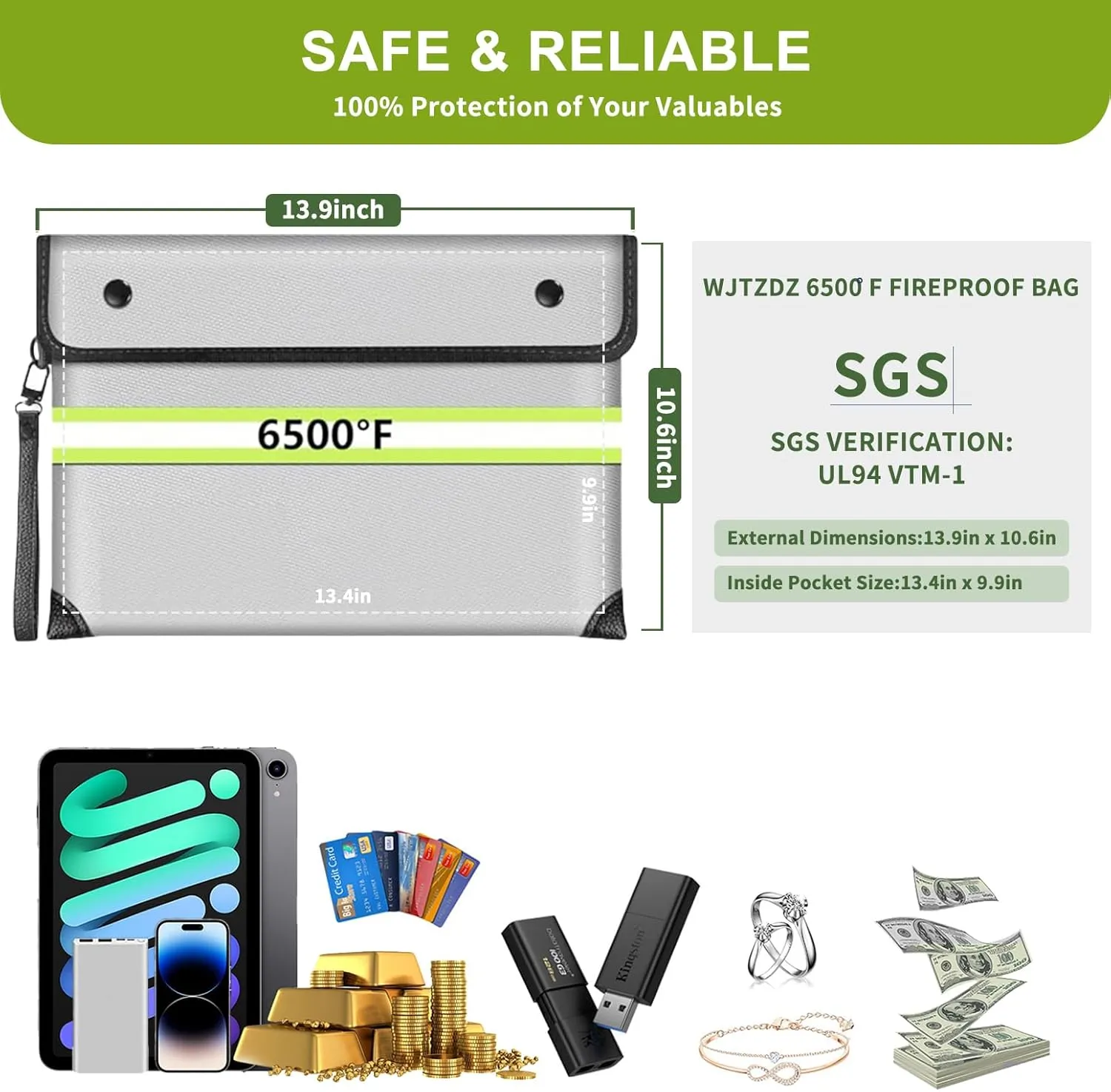 6500°F Upgraded Fireproof Money Bag,10 Layers of Heat Insulated Materials,Fire Proof Box with Waterproof Zipper/Reflective Strip,Document Bag with Handle for Cash,Important Documents