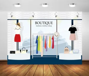 7x5ft Fabric Cartoon Clothing Store Backdrop Ladies Boutique Shopping Mall Window Dress Handbag Photography Background for Sweet Girl Lady Birthday Party Decorations Photo Studio Props