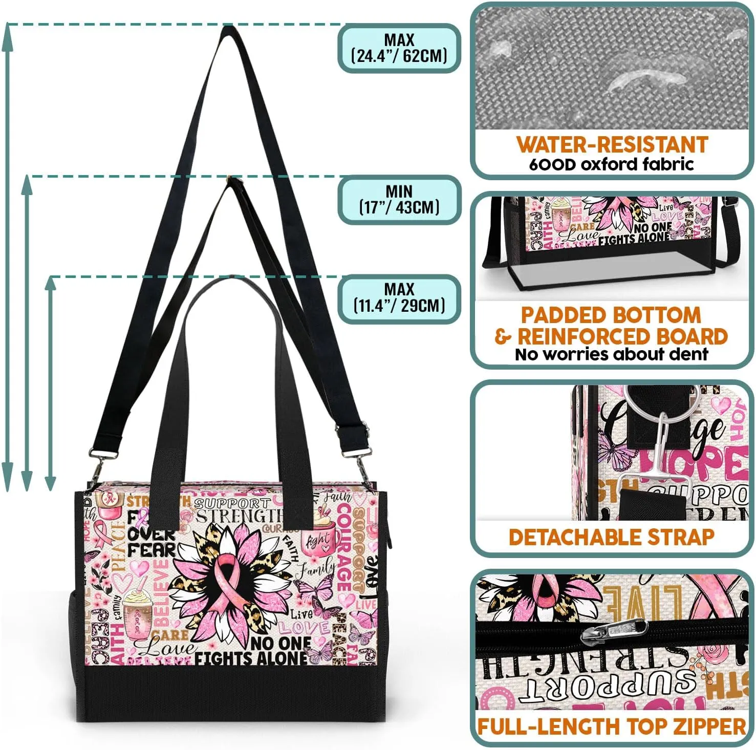 84hoods Large Waterproof Tote Bag with Pockets and Zipper for Travel, Work, Grocery. Breast Cancer Awareness Gift for Women.