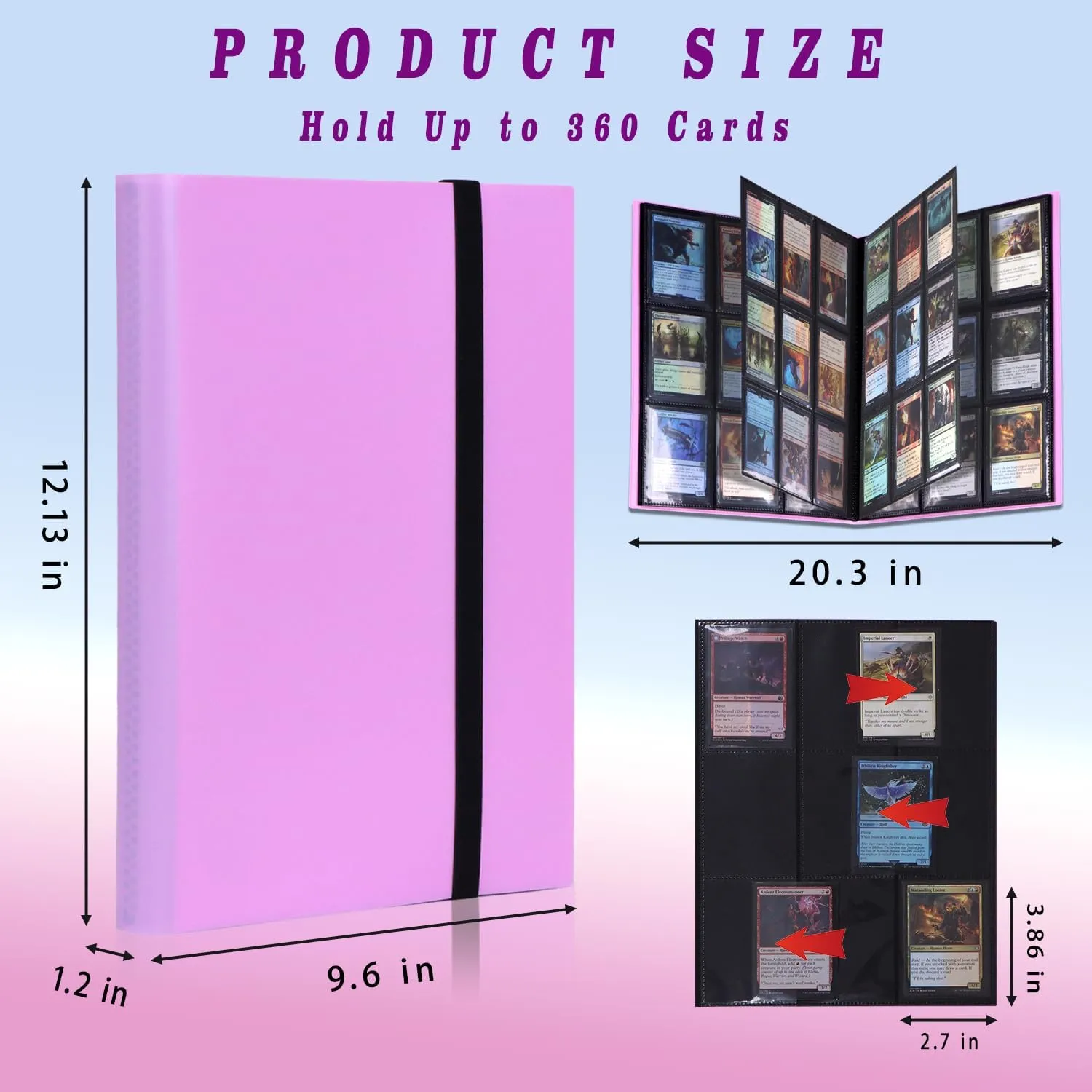 9 Pocket Card Binder, Collectible Trading Card Albums Fits 360 Cards with 20 Sleeves, Portable Trading Card Binder Collection Album Holder, Game Card Case book With Elastic Band for Gifts-Pink Purple