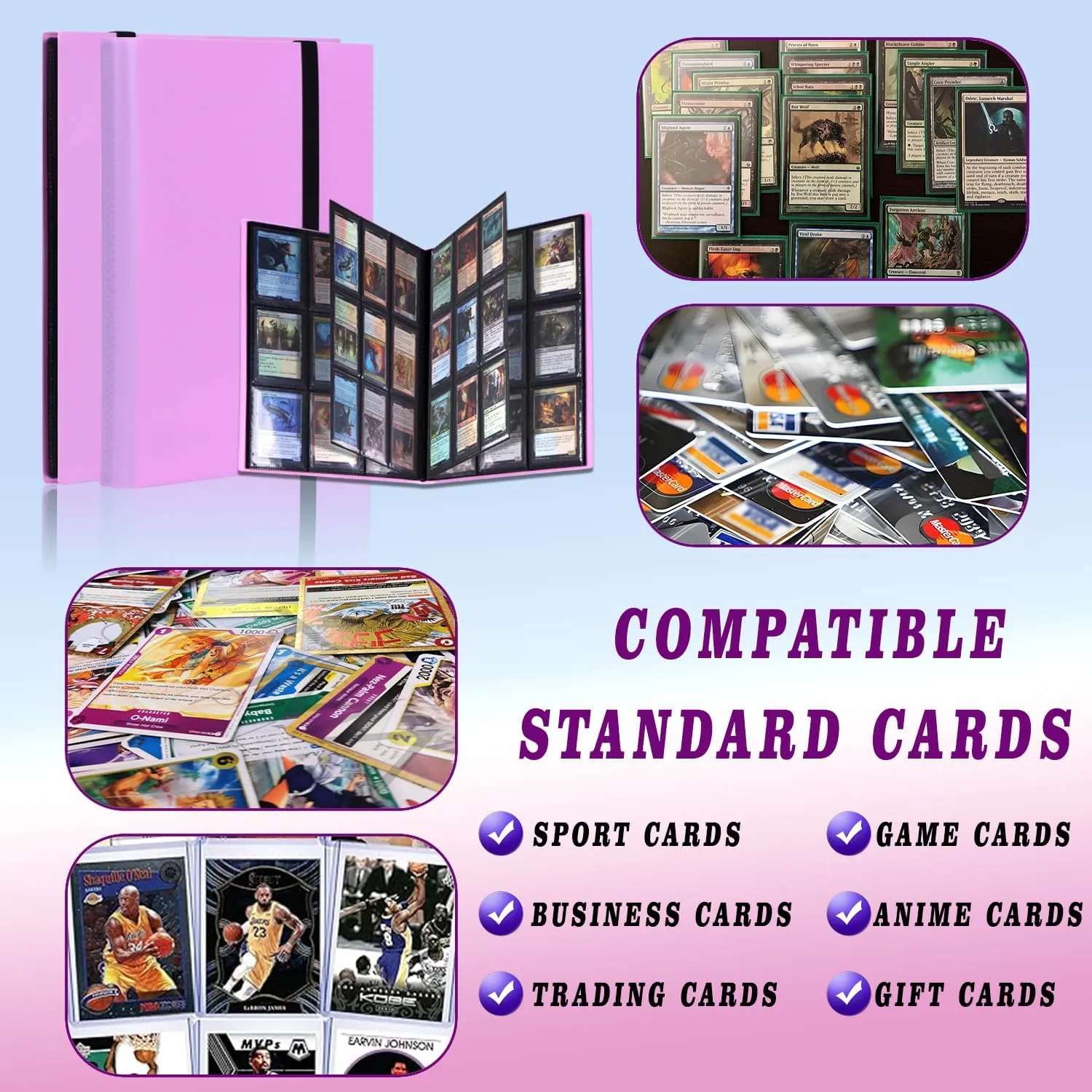 9 Pocket Card Binder, Collectible Trading Card Albums Fits 360 Cards with 20 Sleeves, Portable Trading Card Binder Collection Album Holder, Game Card Case book With Elastic Band for Gifts-Pink Purple