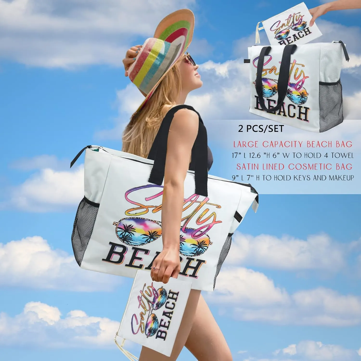 ABAMERICA Beach Bags Waterproof Sandproof Beach Tote Pool Bag with Zipper 7 Pockets Cosmetic Bag, Large Self Standing