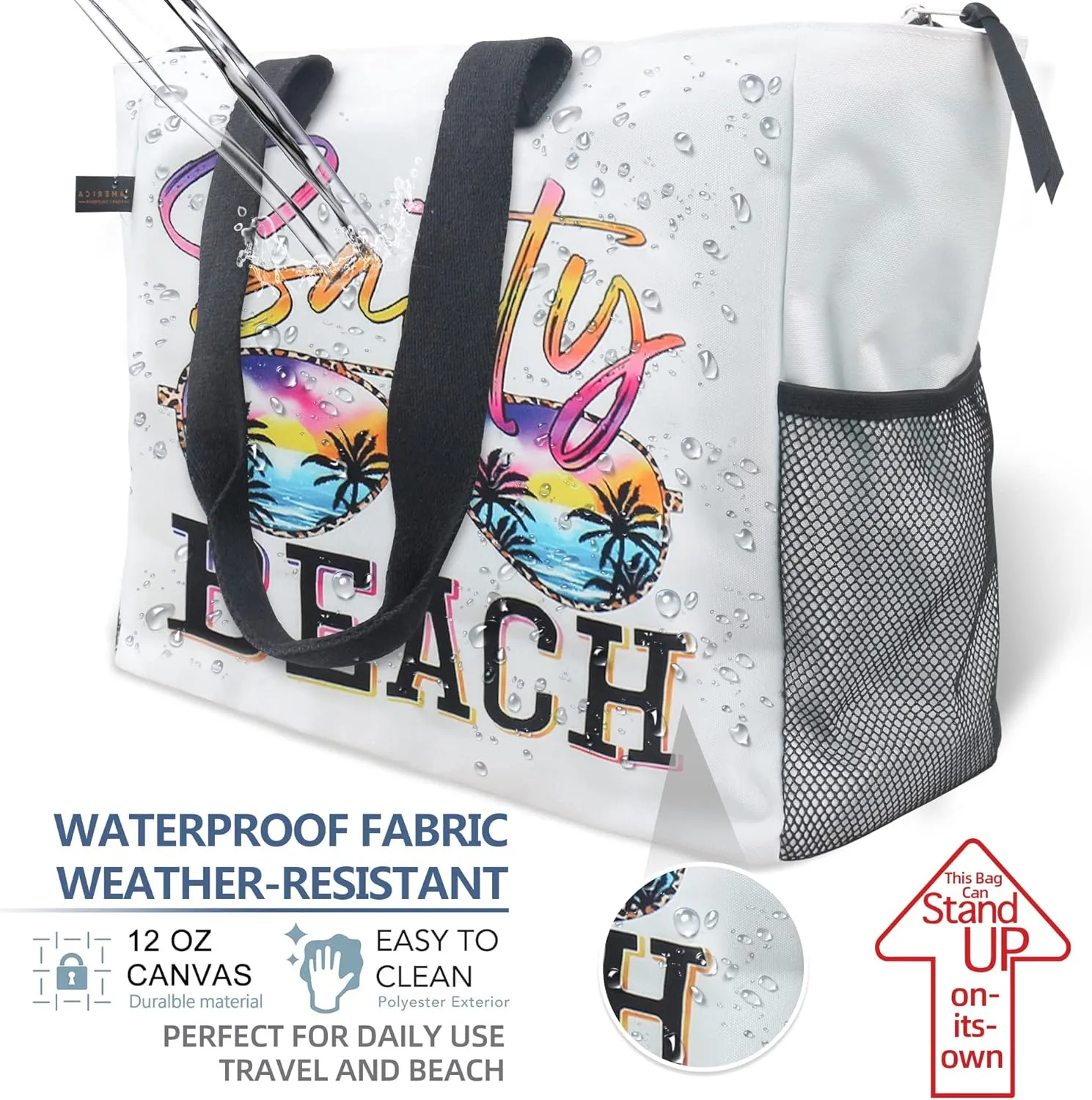 ABAMERICA Beach Bags Waterproof Sandproof Beach Tote Pool Bag with Zipper 7 Pockets Cosmetic Bag, Large Self Standing
