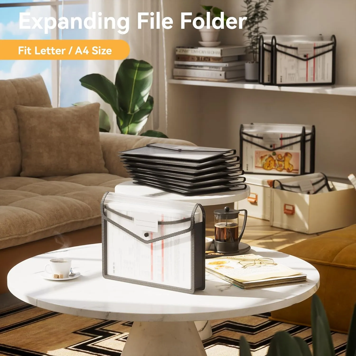 ABC life 6 Pack Plastic Expanding File Folder, Folders for Documents with Snap Closure, Black File Folder Organizer Holder, Transparent Accordion File Pouch,Large Capacity, Fit Letter/A4 Size