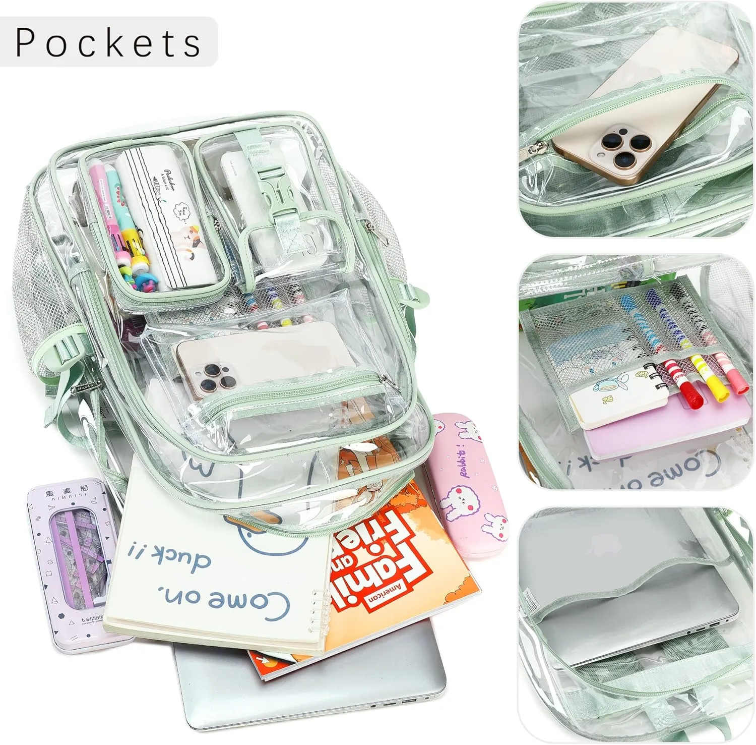 abshoo Large Clear Backpack For Girls Women Heavy Duty Transparent Backpacks Clear School Bookbag (Light Green)