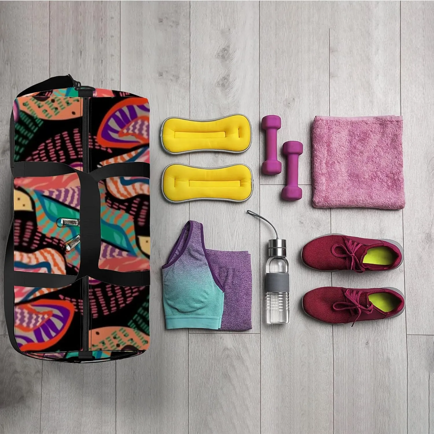 Abstract Colorful Tropical Leaves Texture Sports Duffel Bag Travel Gym Tote Bags Lightweight Durable Shoulder Strap Waterproof Polyester Outside Mesh Pocket Overnight Trip Duffel Bag for Women Men