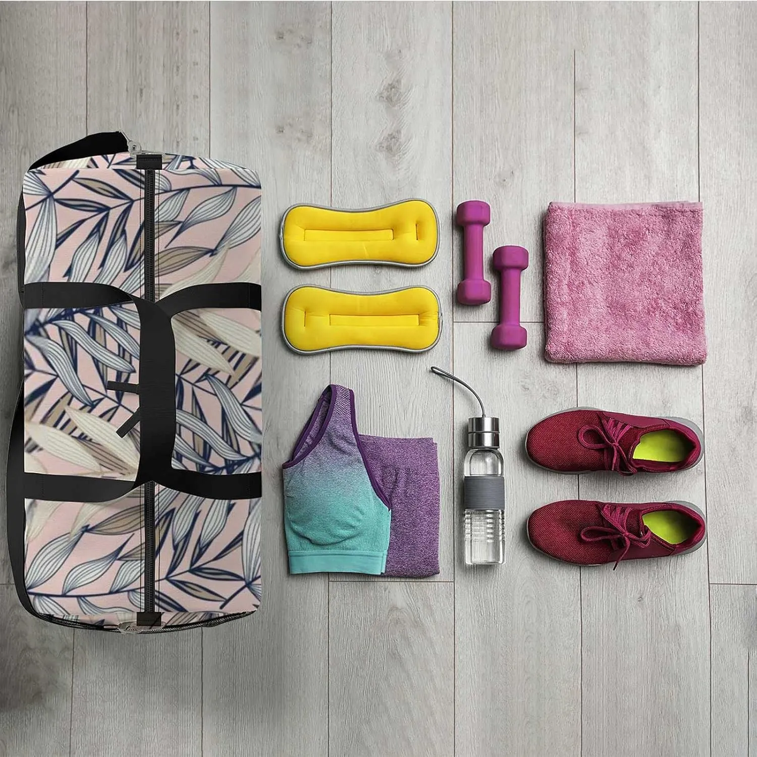 Abstract Tropical Leaves Sports Duffel Bag Travel Gym Tote Bags Lightweight Durable Shoulder Strap Waterproof Polyester Outside Mesh Pocket Overnight Trip Duffel Bag for Women Men