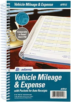 Adams ABFAFR12 Vehicle Mileage and Expense Journal, 5-1/4" x 8-1/2", Fits the Glove Box, Spiral Bound, 588 Mileage Entries, 6 Receipt Pockets,White