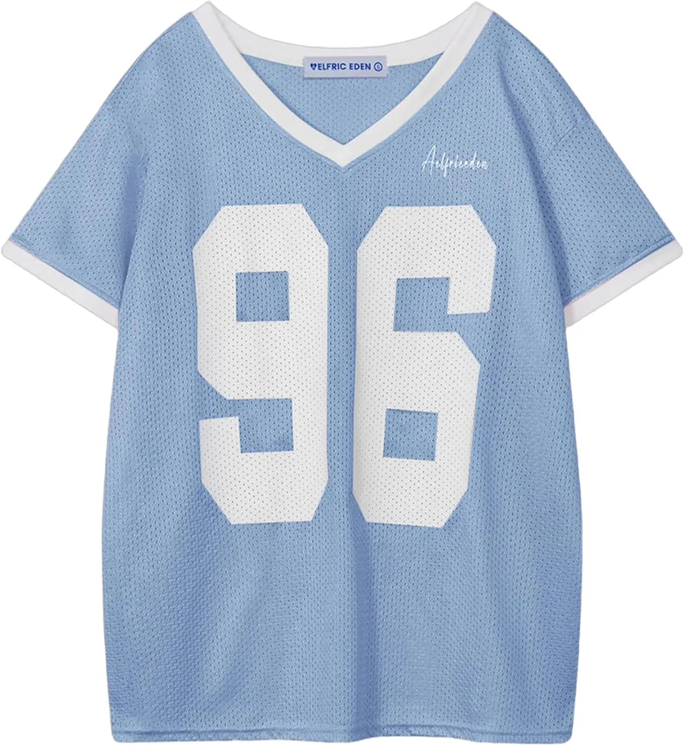 Aelfric Eden Womens Jersey Tshirts Letter Printed Tees V Neck Mesh Short Sleeve 2025 Y2k Summer Casual Tops Clothes