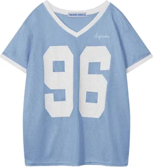 Aelfric Eden Womens Jersey Tshirts Letter Printed Tees V Neck Mesh Short Sleeve 2025 Y2k Summer Casual Tops Clothes
