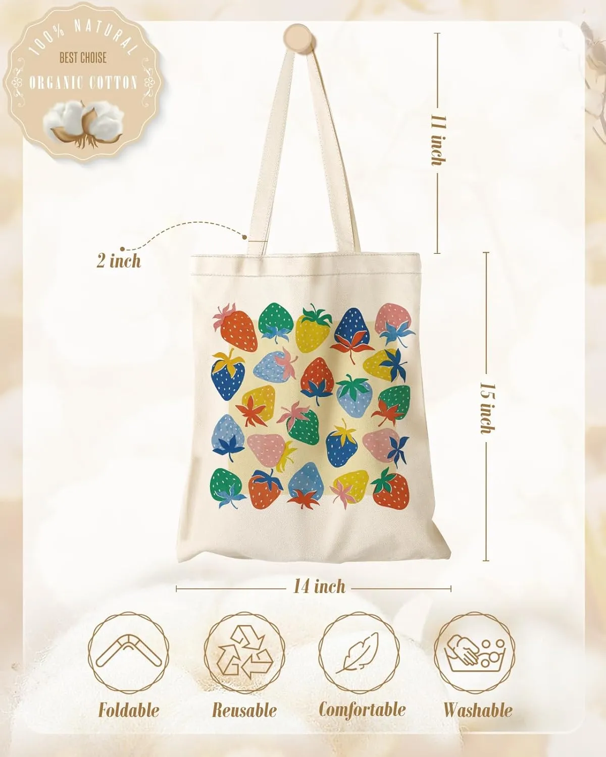 Aesthetic Canvas Tote Bag with Inner Pocket for Women, Cloth Cotton Totes Bag with Pattern for Shopping, Gym