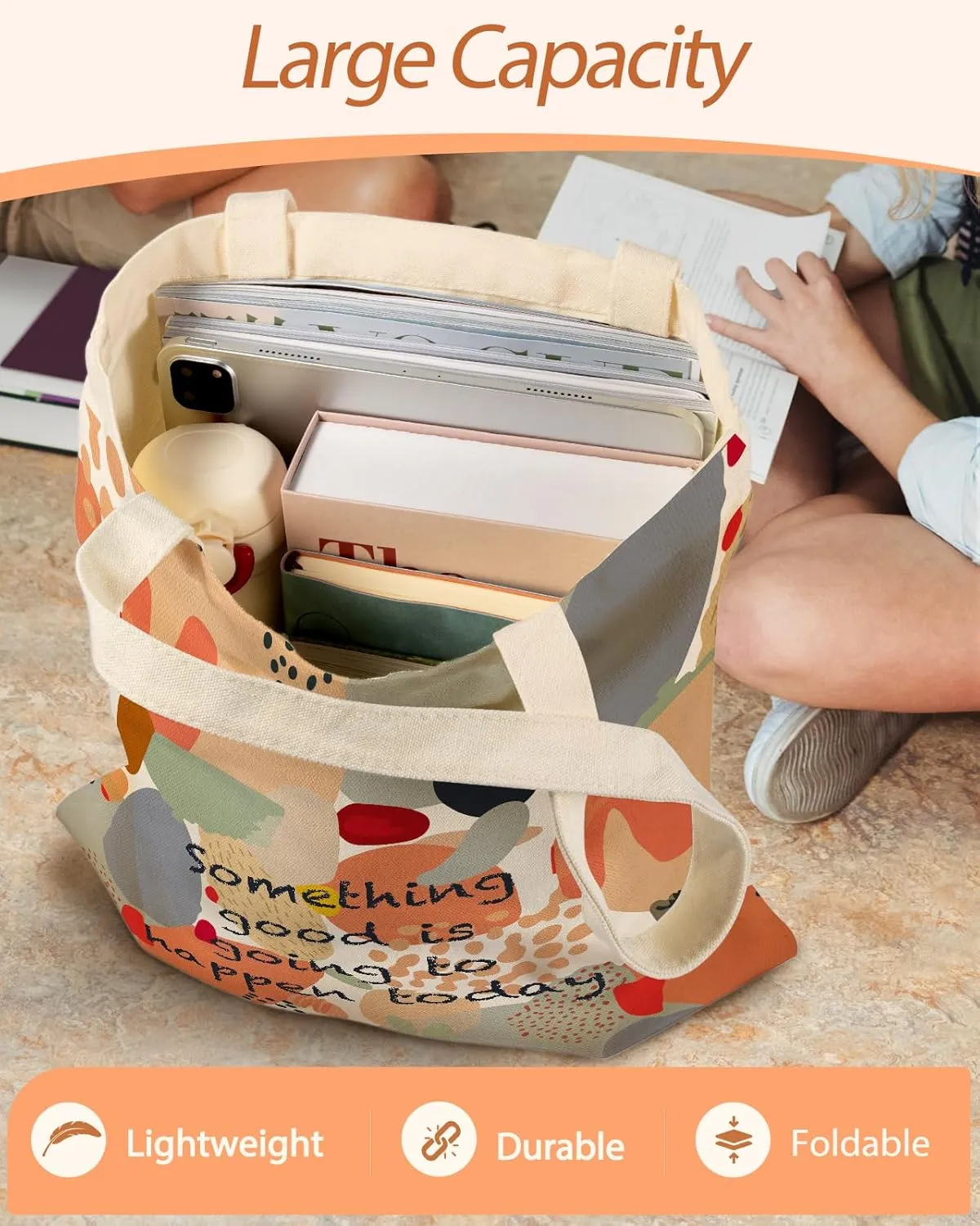 Aesthetic Canvas Tote Bag with Inner Pocket for Women, Cloth Cotton Totes Bag with Pattern for Shopping, Gym