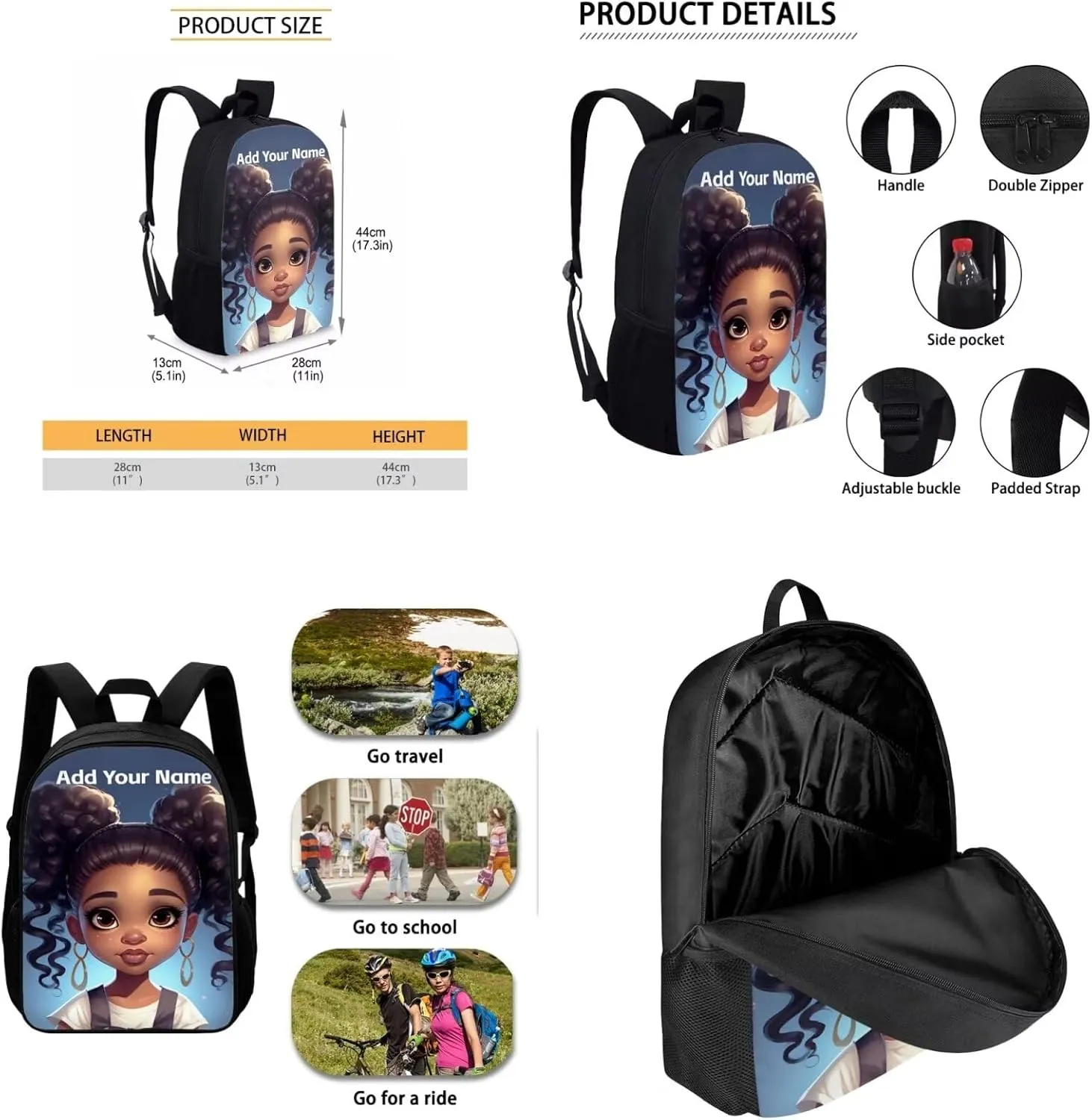 African Black Girls Backpack and Lunch Box Set Custom Name Elementary School Backpack for Kids 8-12/12-14 American Afro Student Bookbag Lunch Bag Pencil Case Book Bag 3Rd 6Th Grade