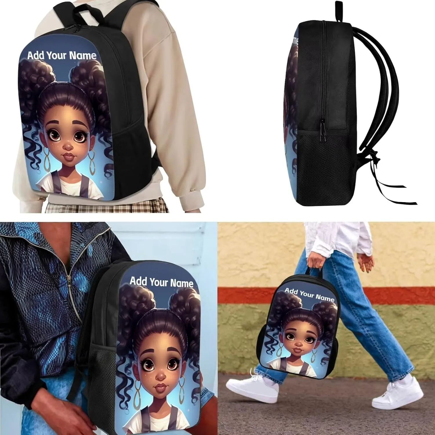 African Black Girls Backpack and Lunch Box Set Custom Name Elementary School Backpack for Kids 8-12/12-14 American Afro Student Bookbag Lunch Bag Pencil Case Book Bag 3Rd 6Th Grade