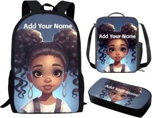African Black Girls Backpack and Lunch Box Set Custom Name Elementary School Backpack for Kids 8-12/12-14 American Afro Student Bookbag Lunch Bag Pencil Case Book Bag 3Rd 6Th Grade