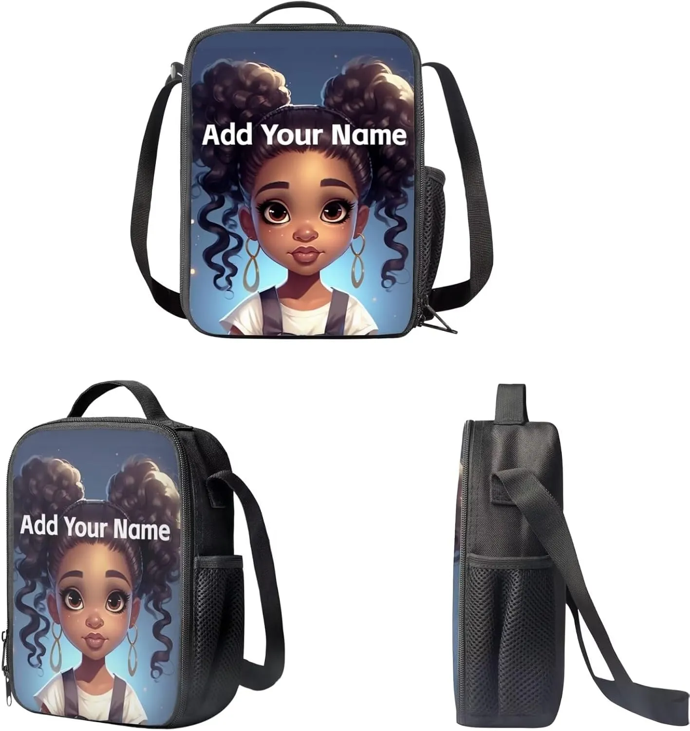 African Black Girls Backpack and Lunch Box Set Custom Name Elementary School Backpack for Kids 8-12/12-14 American Afro Student Bookbag Lunch Bag Pencil Case Book Bag 3Rd 6Th Grade