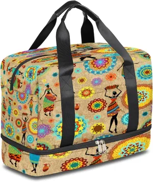 African Women Sports Gym Bag with Shoes Compartment,Vintage Mandala Flower Travel Duffel Bag for Men Women Boys Girls Teens Overnight Weekend Yoga Workout Bag Training Handbag
