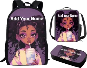Afro Black Girls Backpack with Lunch Box Custom Name African Girl Backpack for Kids 8-12/10-12 School Bag and Lunch Bag Pencil Case,Elementary Student Bookbag 5Th Grade/4Th Grade