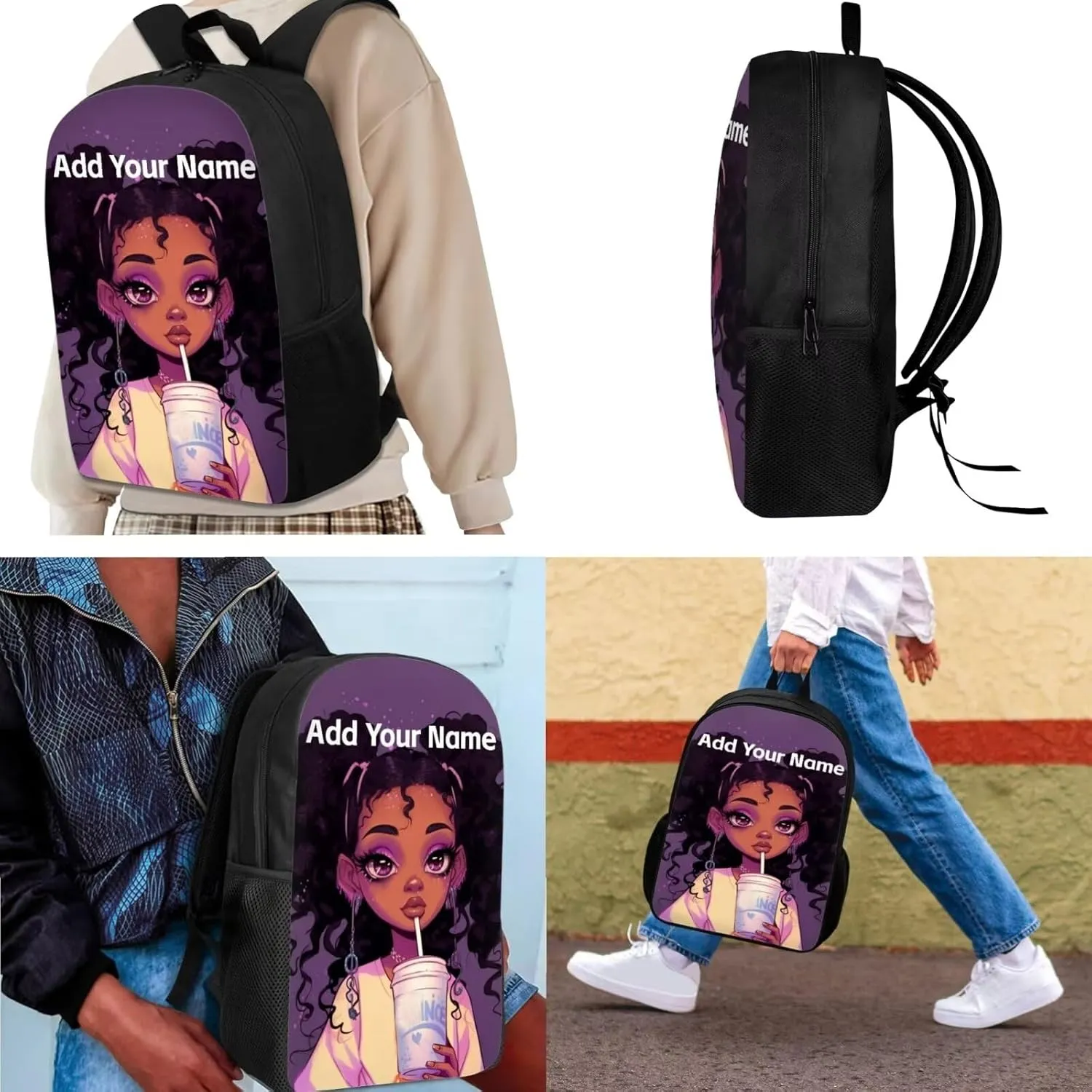Afro Black Girls Backpack with Lunch Box Custom Name African Girl Backpack for Kids 8-12/10-12 School Bag and Lunch Bag Pencil Case,Elementary Student Bookbag 5Th Grade/4Th Grade